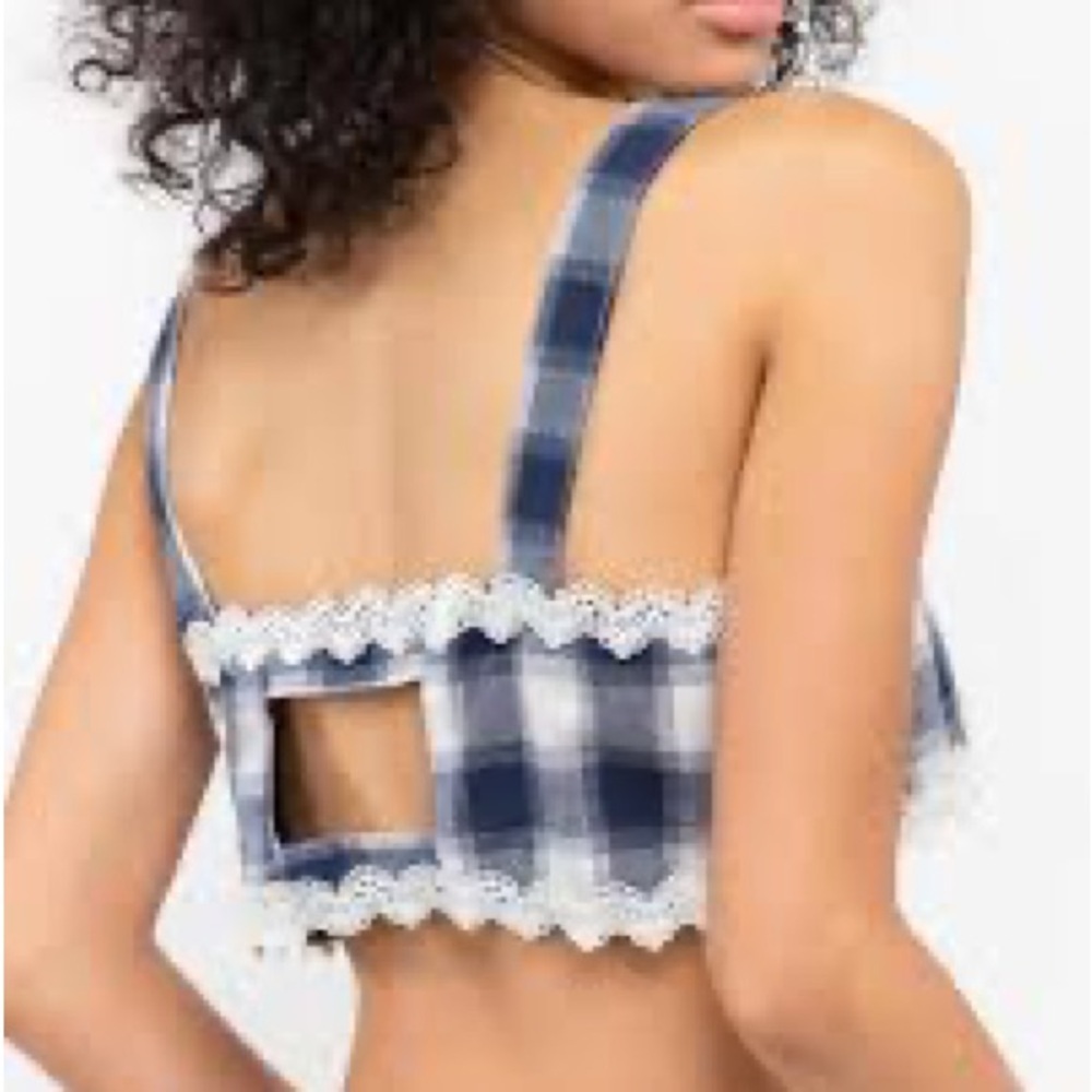 POL Navy Checkered Top with Lace Detail